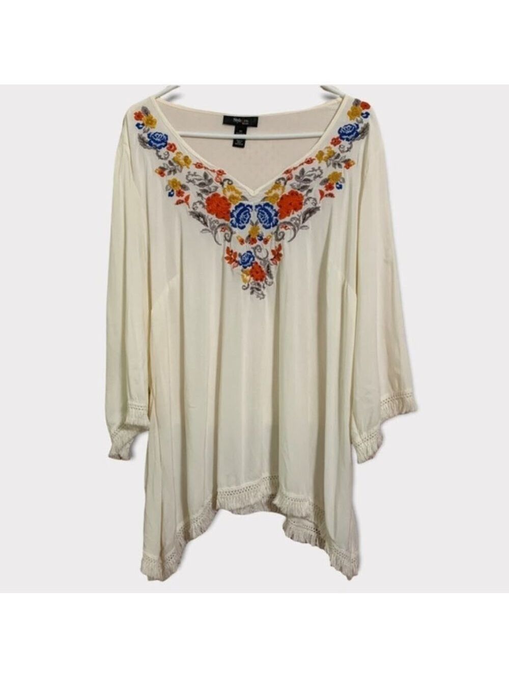 Style & Co Boho Embroidered Fringe Top - Picture 1 of 5